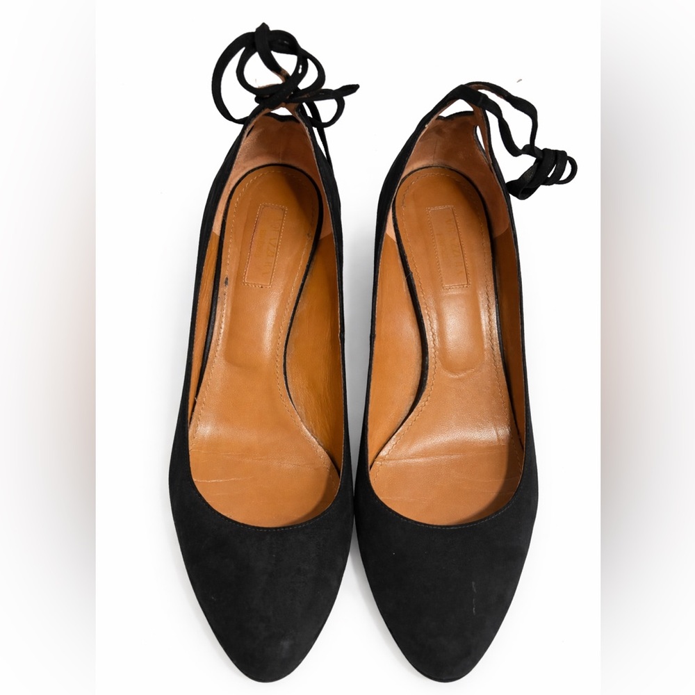 Aquazzura Black Suede Ankle-Tie Block Heels with Gold Embellished Heel - Picture 5 of 13